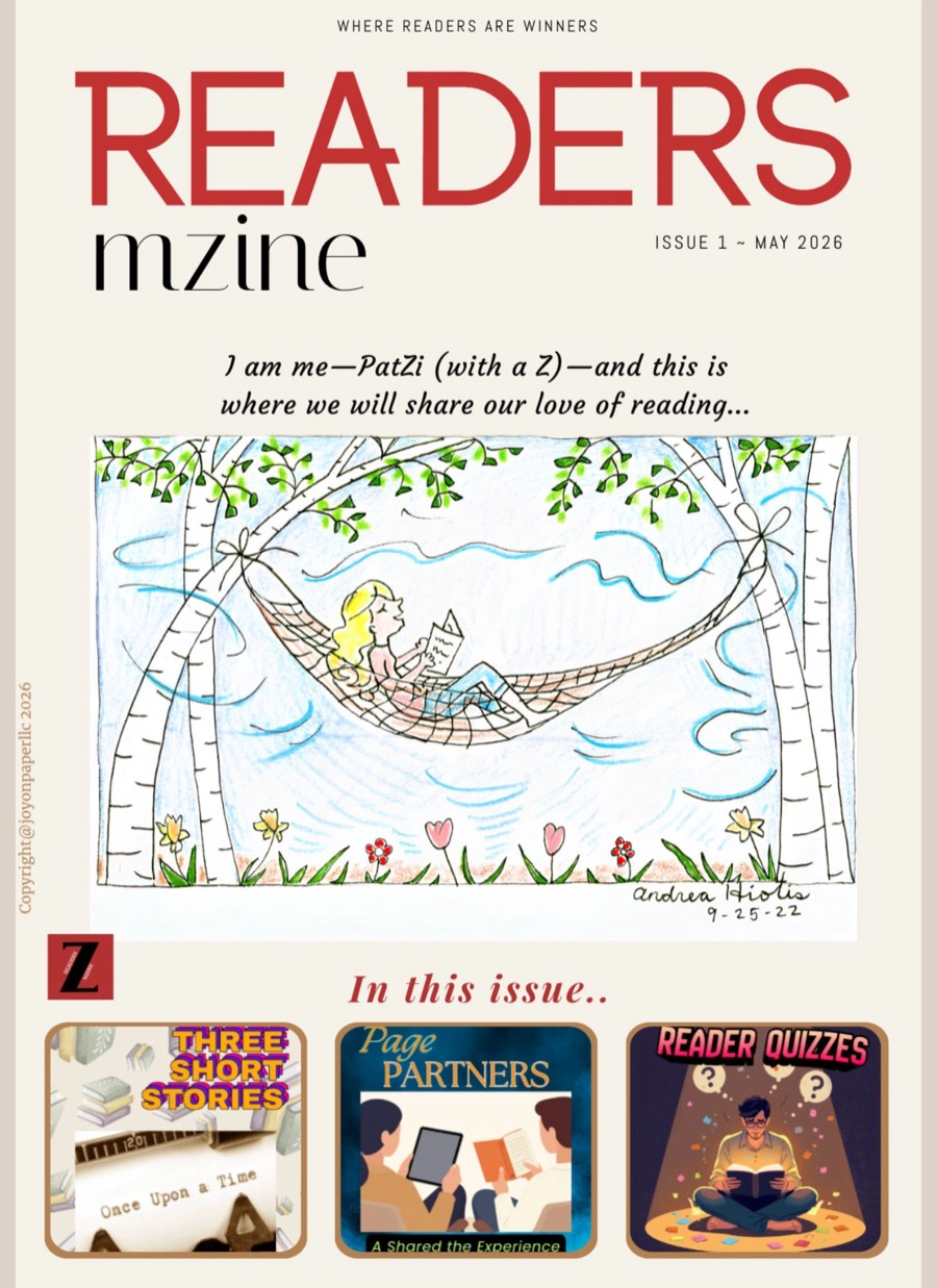 Cover of Readers mZINE Issue 1, May 2026 — a woman reading in a hammock between birch trees