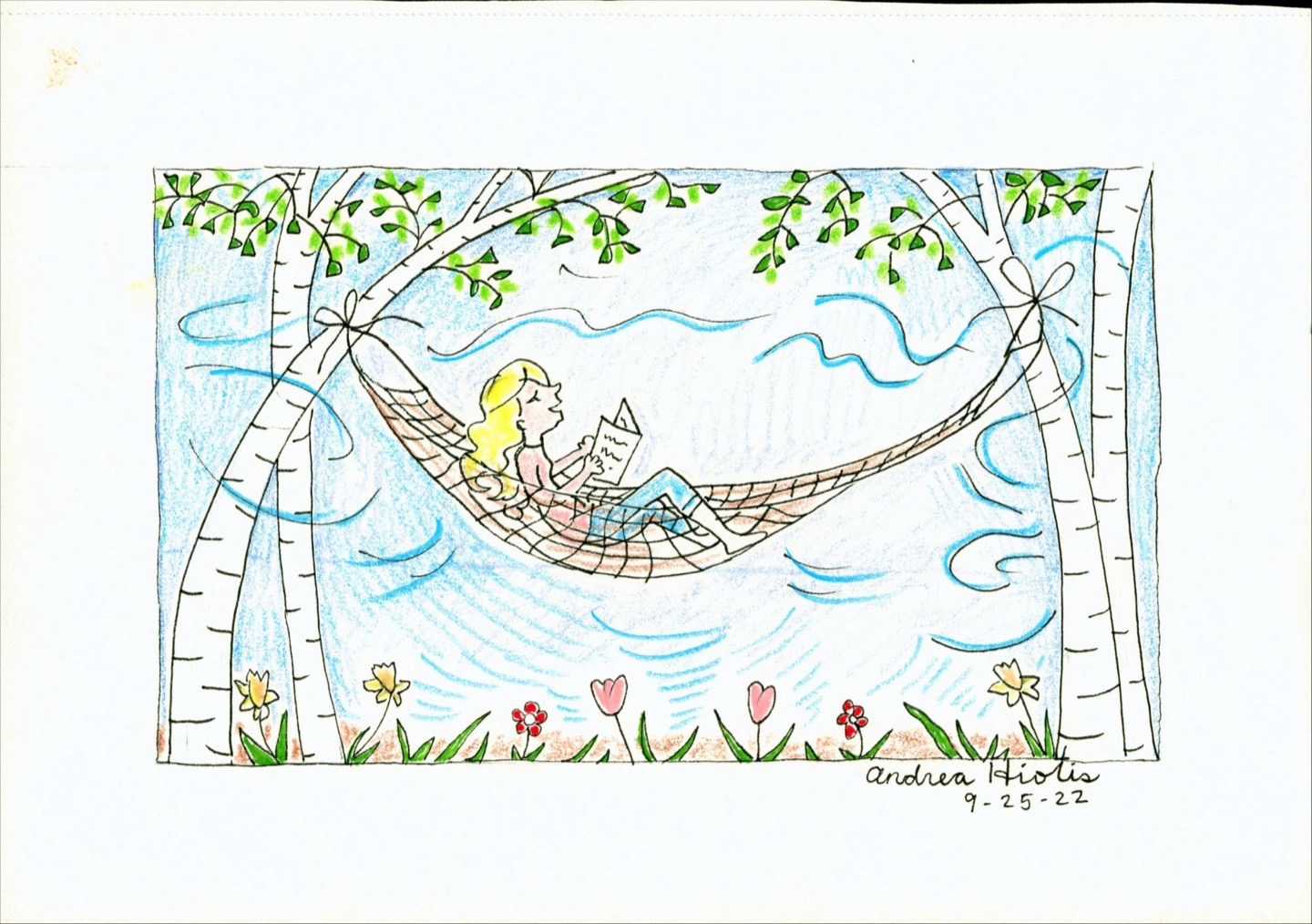 Original illustration by Andrea Hiotis: a woman reading in a hammock strung between two birch trees, flowers below